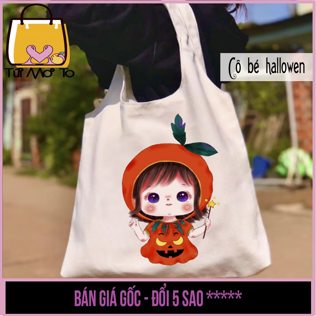 Túi tote túi vải túi canvas quai tròn có khóa kéo in hình cô bé Hallowen dễ thương - Túi Mơ To store