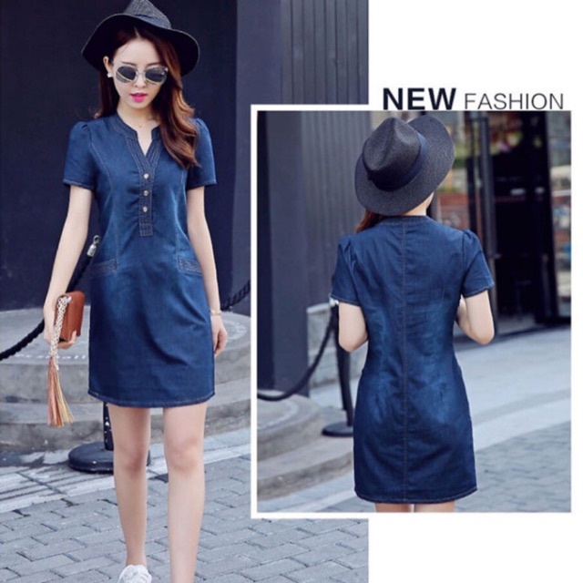 Đầm jean cổ v nẹp viền phối túi - có size XXL