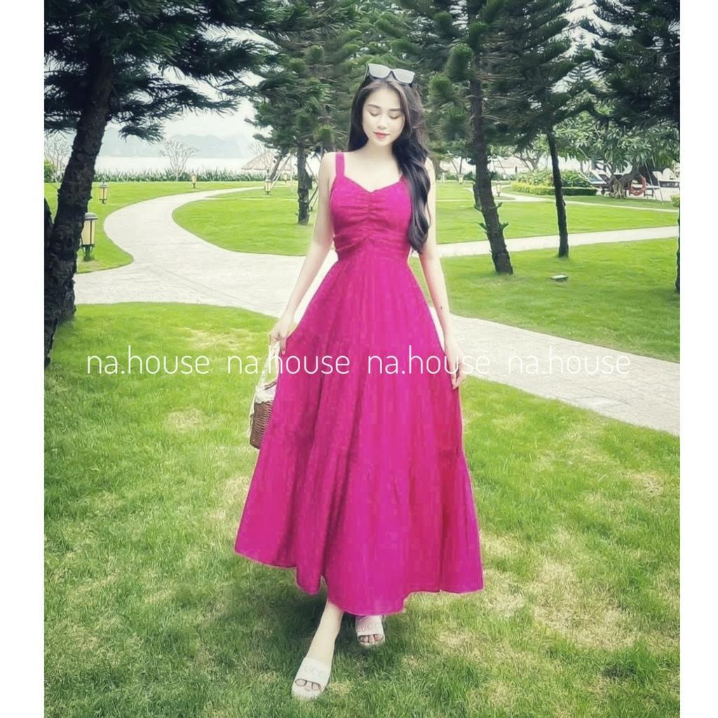 ĐẦM MAXI HAI DÂY ĐI BIỂN ĐI CHƠI DU LỊCH NAHOUSE VÁY LỤA 2S DÁNG DÀI CHUN LƯNG THIẾT KẾ ĐẸP VÀ XINH XẮN MÀU HỒNG XANH