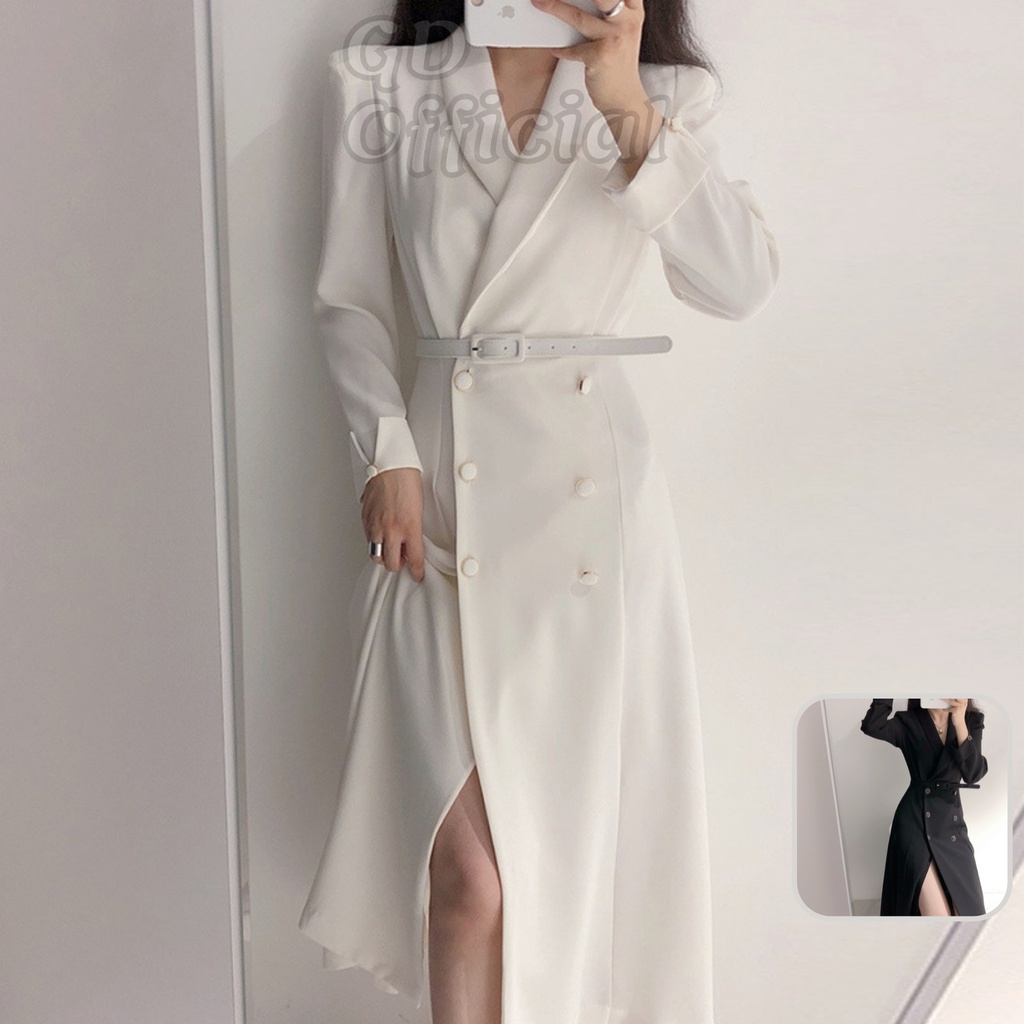 D35|Đầm nữ công sở thanh lịch kèm thắt lưng chất lụa nhẹ nhàng màu trắng, đen GD Official
