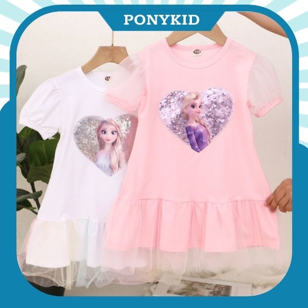 Váy Elsa ngắn tay chất cotton phối chân voan đính Sequin lấp lánh cho bé gái