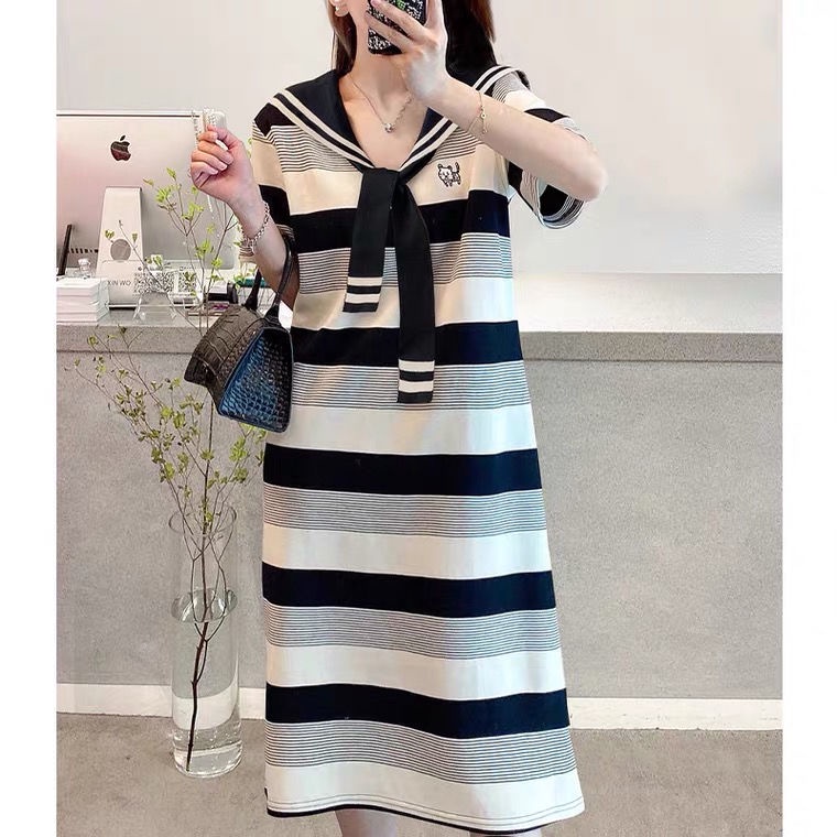 Đầm Thun Cổ Thủy Thủ Kẻ Sọc Phong Cách Preppy Mùa Hè 2022 Cho Nữ
