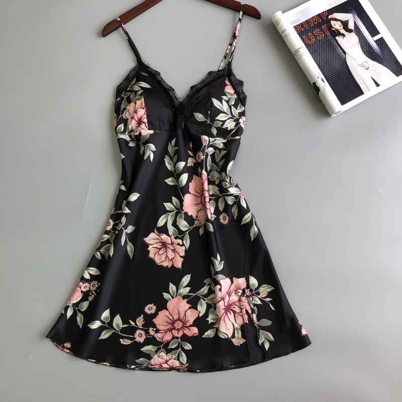 Váy Ngủ Hoạ Tiết Bông Chất Lụa Satin Cao Cấp Thương Hiệu JUNI - J53