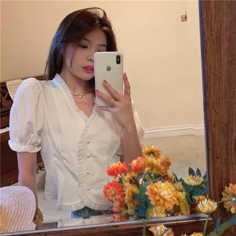 Áo sơ mi kiểu nữ ngắn tay dáng ngắn phong cách tiểu thư, điệu đà