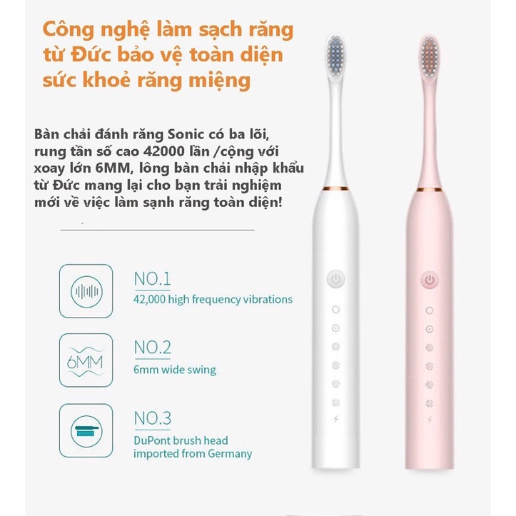 Bàn chải điện Sonic X3 sợi Dupont, bàn chải điện đánh răng tự động 6 chế độ công nghệ chống nước IPX7