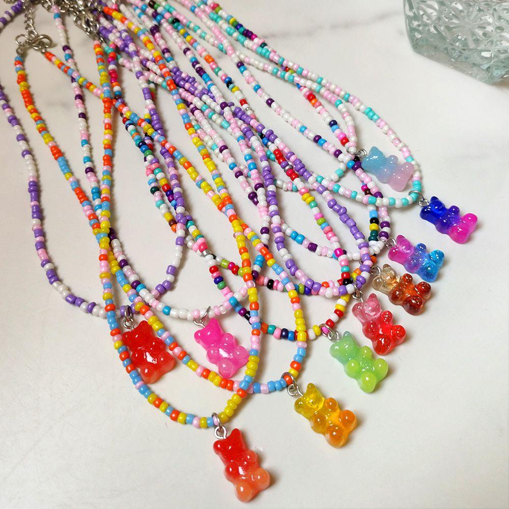 FORBETTER Vòng cổ Mặt Hình Gấu Màu Gradient Phong Cách Bohemian Thời Trang Cho Nữ