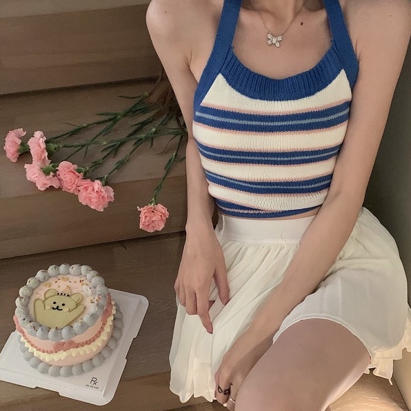 Áo cổ yếm ZHELIHANGFEI dệt kim dáng ngắn thời trang mùa hè 2022 cho nữ