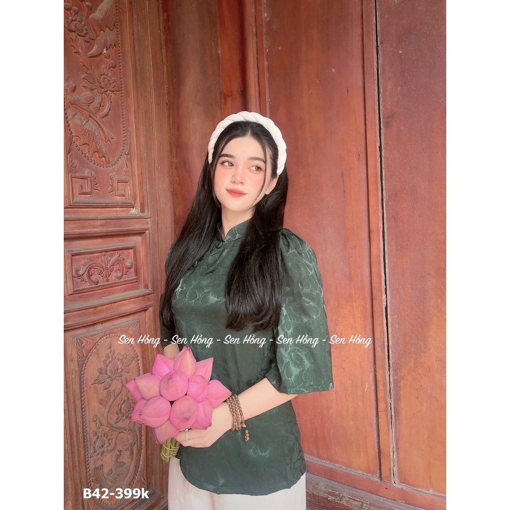 Bộ lụa gấm Phật tử thiết kế vải mềm mịn # đồ lam đi chùa nữ Mẫu cổ tàu vạt chéo xinh xắn # Set đi lễ KÈM QUẦN B42