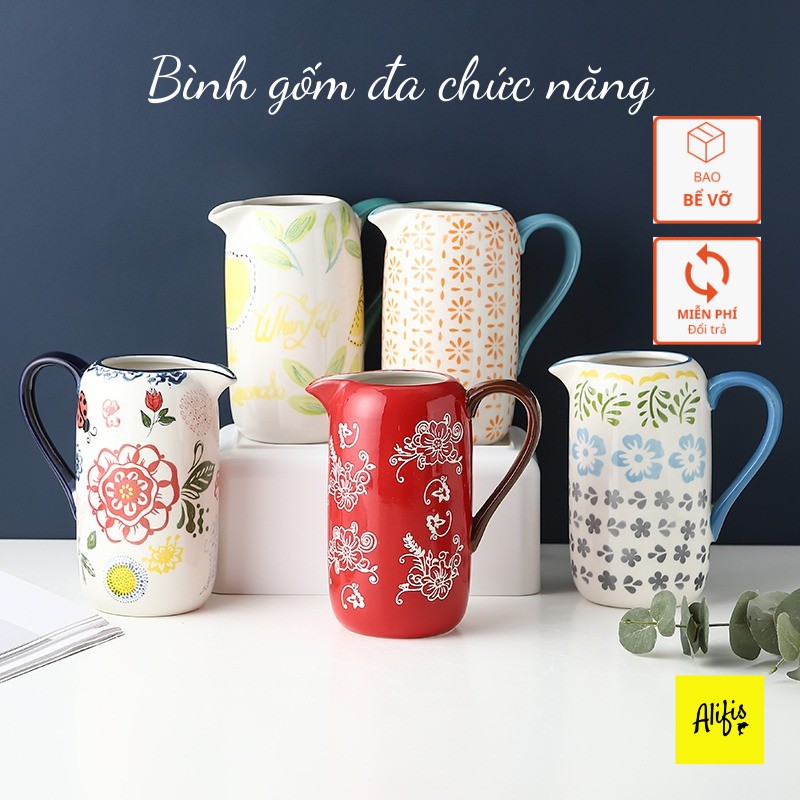 Bình hoa, bình đựng nước 950ml đa chức năng bằng gốm nhiều họa tiết – trang trí phòng khách