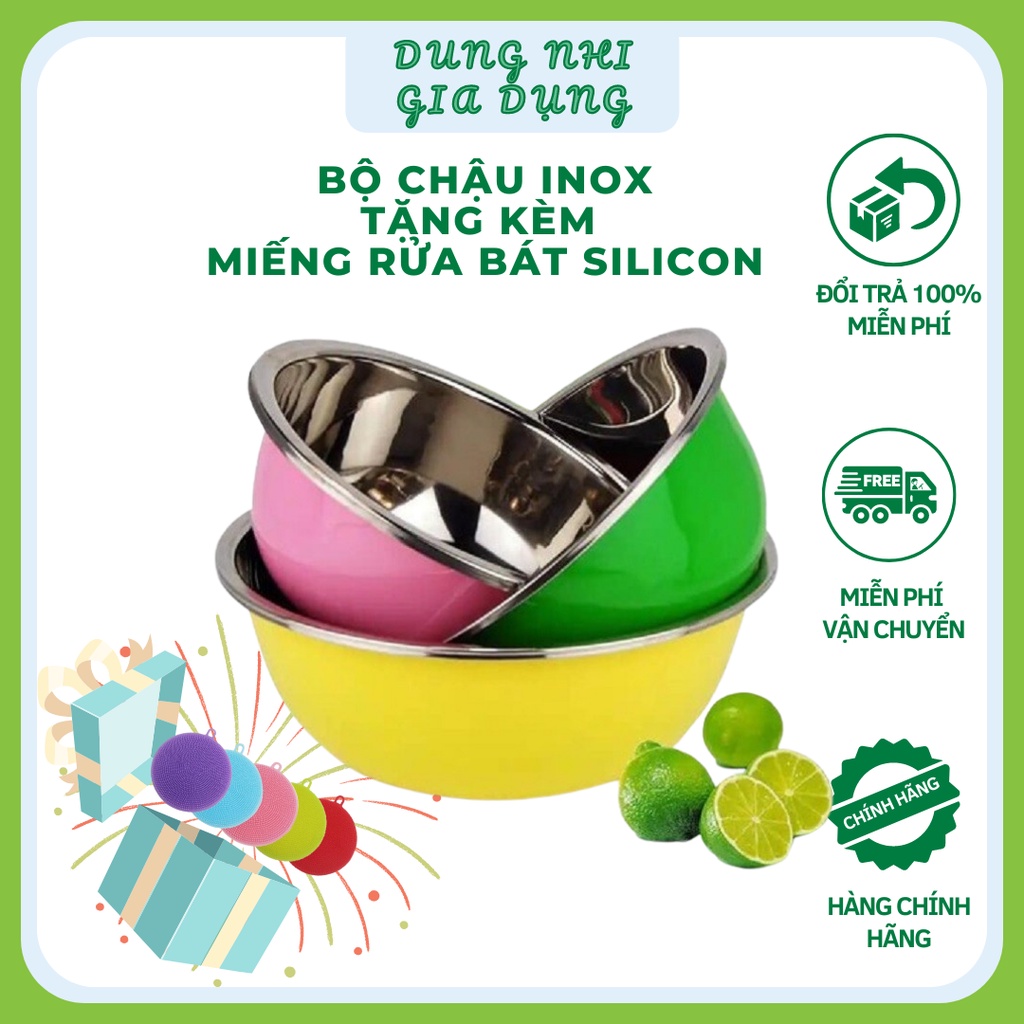 Bộ Chậu Inox 3 Món Màu Siêu Bền Set 3 Món Thau Inox Nhiều Mau Tặng Kèm Miếng Rửa Bát Silicon EcoHome