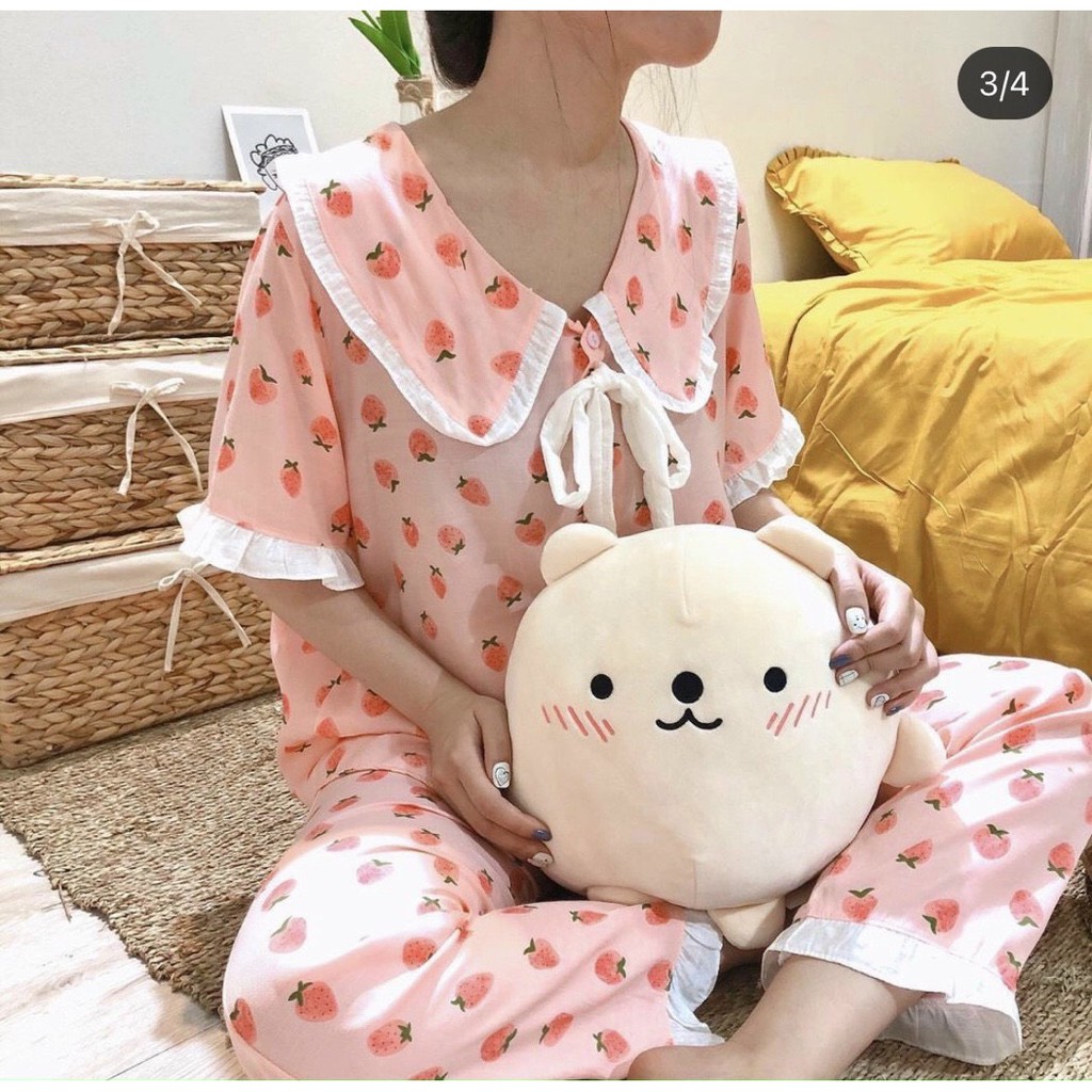 ( Xả Hàng Bán Lỗ ) Bộ Đồ Pijama-Bộ Đũi Mặc Nhà Họa Tiêt Hình Dâu Tây Cao Cấp [Kèm Ảnh Thật SP].