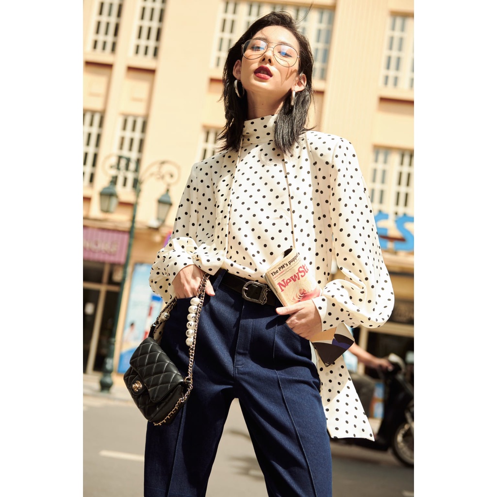 Áo sơ mi lụa satin chấm bi nữ HUONG BOUTIQUE HBSM938 cổ nơ
