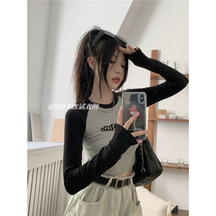 COZOK Áo Croptop Tay Dài Hoạ Tiết Chữ Thêu Phong Cách Vintage