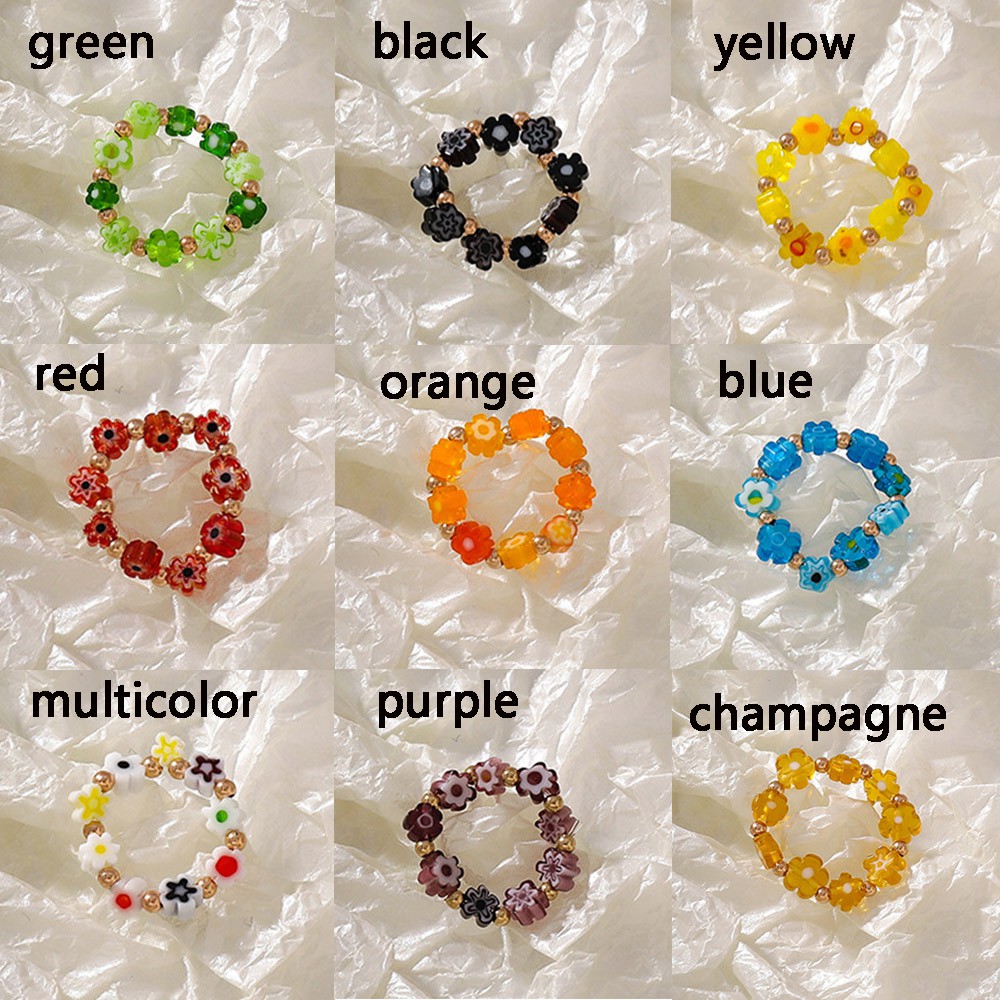 ROSE Vintage Round Beaded Finger Ring Translucent Splicing Small Flower Rings for Women Splicing Handmade Jewelry MultiColor Korea Acrylic/Multicolor