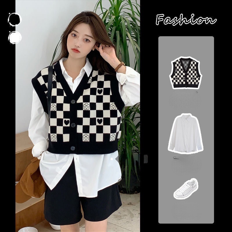 Áo dệt kim không tay dáng ngắn màu trắng đen cho nữ