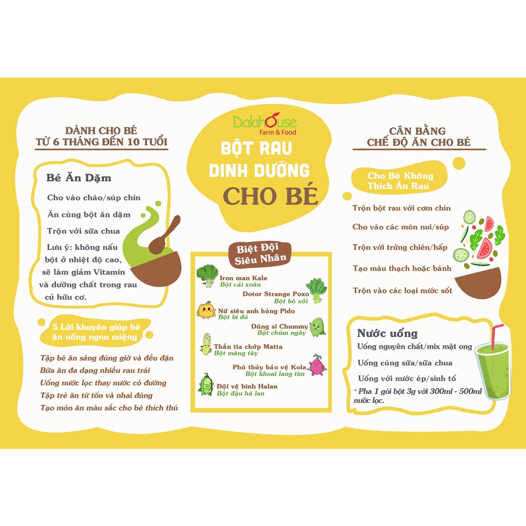 Combo bột rau củ dinh dưỡng cho bé ăn dặm Dalahouse - Sấy lạnh, nguyên chất - Hsd:5/2024 - Shanti