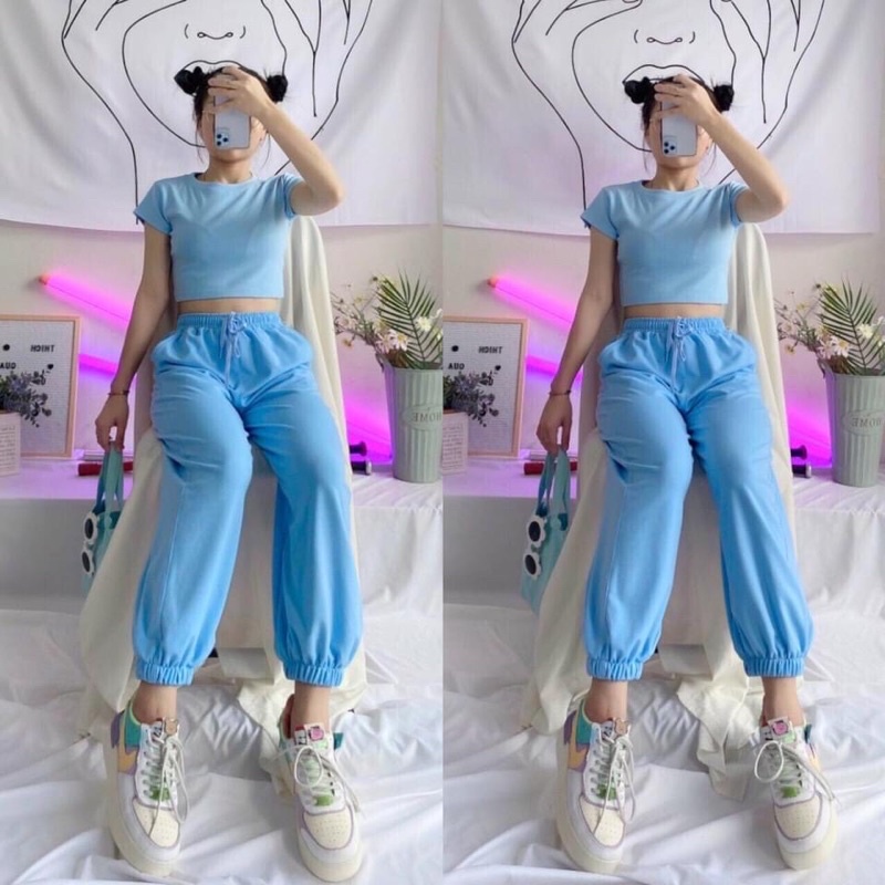 Set áo croptop + quần jogger / Set croptop quần boom thể thao