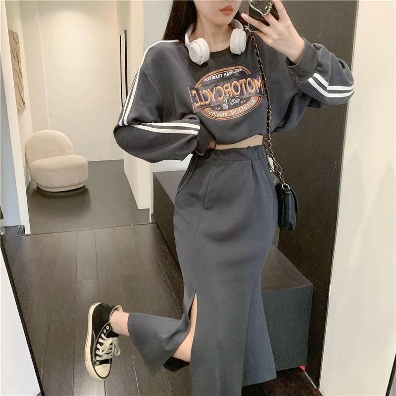 Áo Len Ngắn Dây Rút Váy Xẻ Eo Cao Bộ Đồ Hai Mảnh Thời Trang Cho Nữ