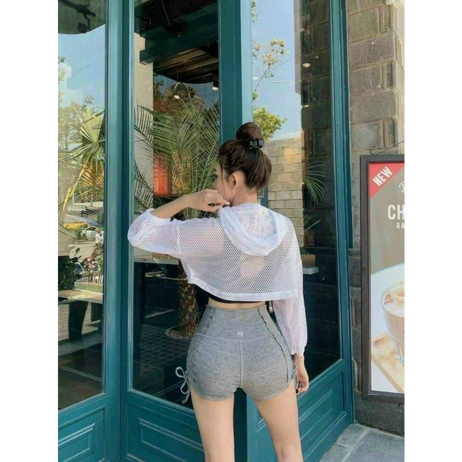 Áo croptop lưới tập gym yoga có mũ
