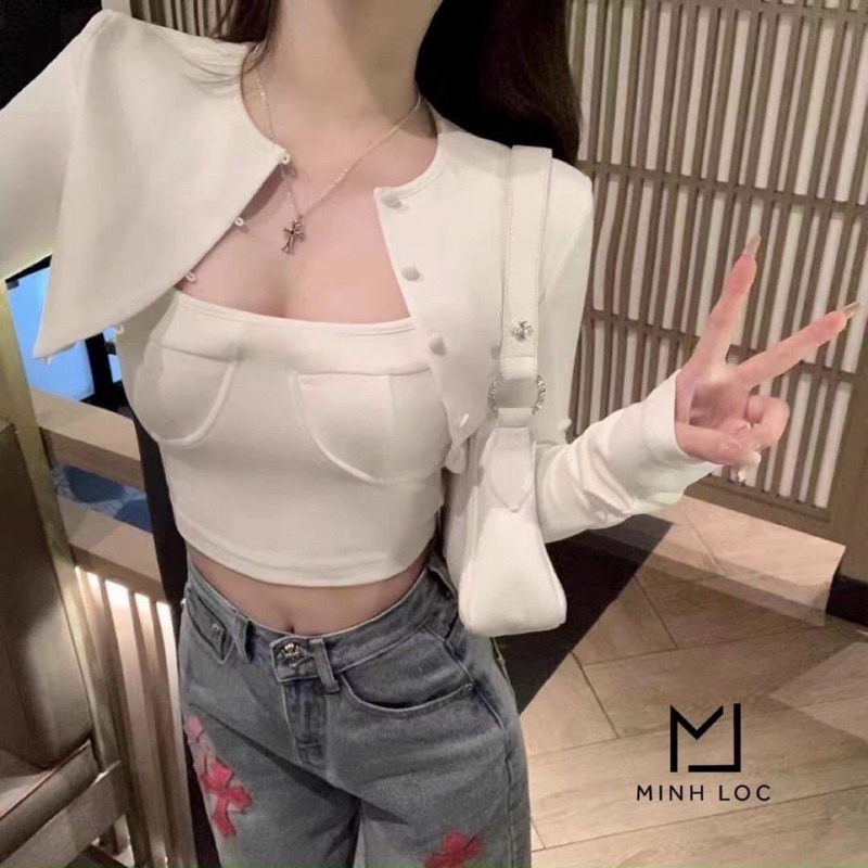 Set áo khoác zip mỏng kèm áo 2 dây dài tay phong cách hàn quốc