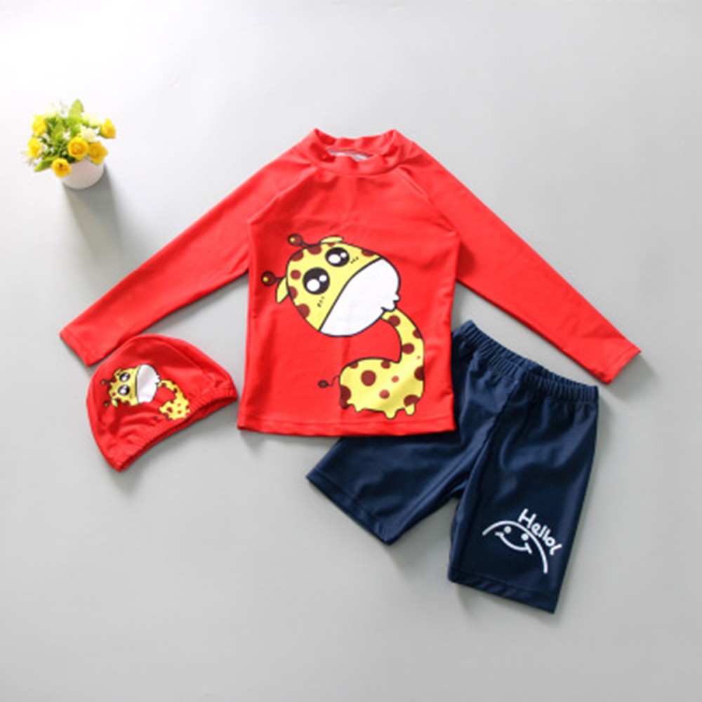 2-8 Yrs Kids Lovely Cartoon Animal 3pcs Swimsuit Suit Toddler Baby Boys Summer Long Sleeve Swimsuit + Swimcap