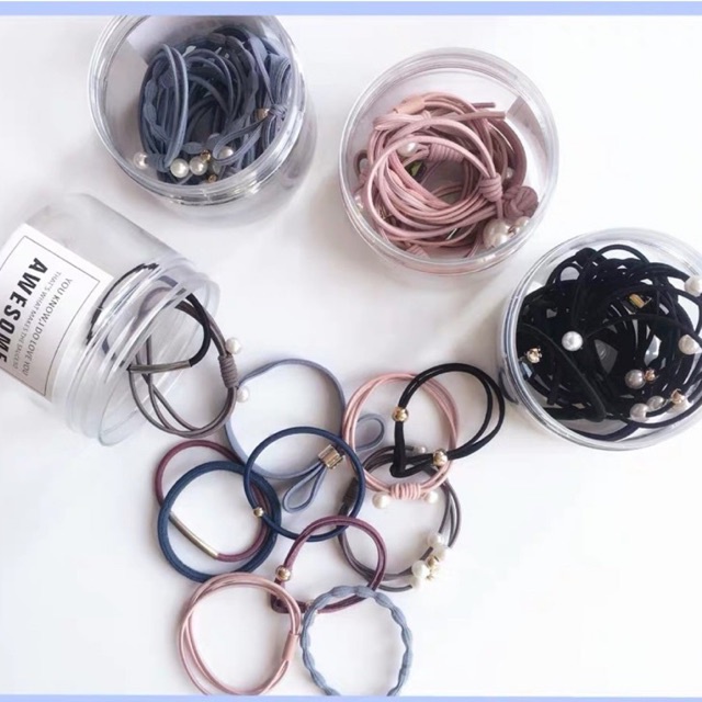 Hộp dây chun buộc tóc 12 kiểu, Dây chun buộc tóc Hàn Quốc.