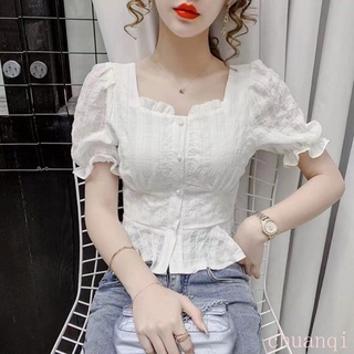 Áo sơ mi chiffon tay phồng cổ vuông phong cách mùa hè cho nữ