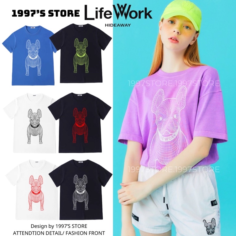 Áo thun tay lỡ form rộng nam nữ in hình chó tem lifework chất cotton 4 chiều siêu xịn