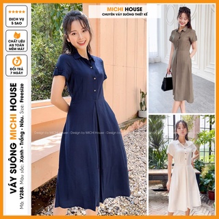 Váy Nữ Công Sở Sơ Mi Ngắn Tay Dáng Dài Đầm Đũi Mềm Mát Váy Thiết Kế Cổ Đức Trẻ Trung Cardina mã V288 - Michi House