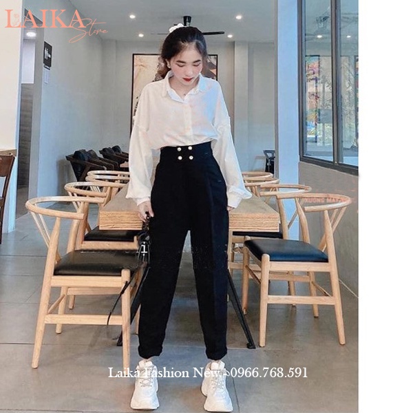 Quần baggy cạp cao công sở nữ phối 4 cúc bấm màu Đen dáng quần tây nữ lưng cao đi học làm công sở vải tuyết mưa dày mềm