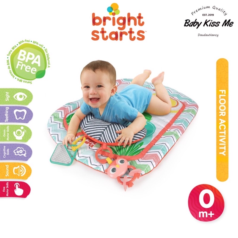 Thảm nằm chơi Tummy Time kèm đồ chơi , hỗ trợ bé lẫy Bright Starts -  Giggle &amp; See Safari Prop &amp; Play Mat