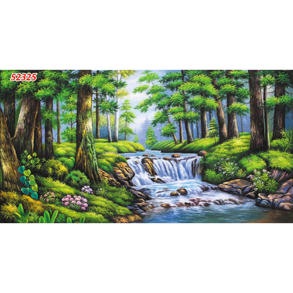 Tranh Dán tường 3D Phong Cảnh rừng cây xanh biếc, khu rừng xanh tốt, cây cối dòng suối nhỏ