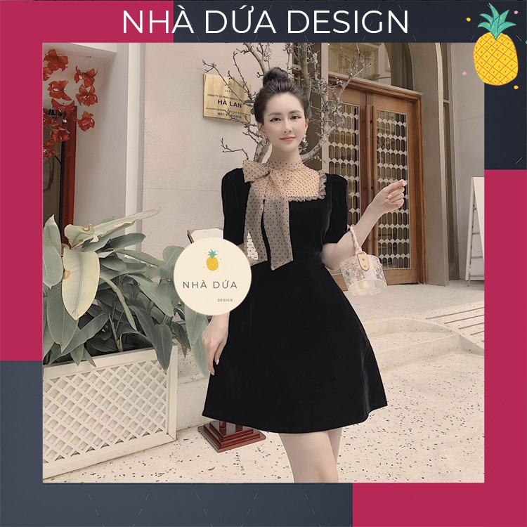 Đầm Váy nữ thiết kế váy nhung đen cổ nơ ren bi lớn - đầm nữ đẹp mặc đi làm đi tiệc dạo phố Nhà Dứa