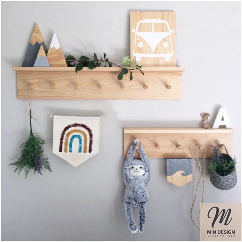 Kệ gỗ trang trí treo tường-Móc áo treo tường,phụ kiện decor phòng ngủ, phòng khách-gỗ thông nhập khẩu tự nhiên!