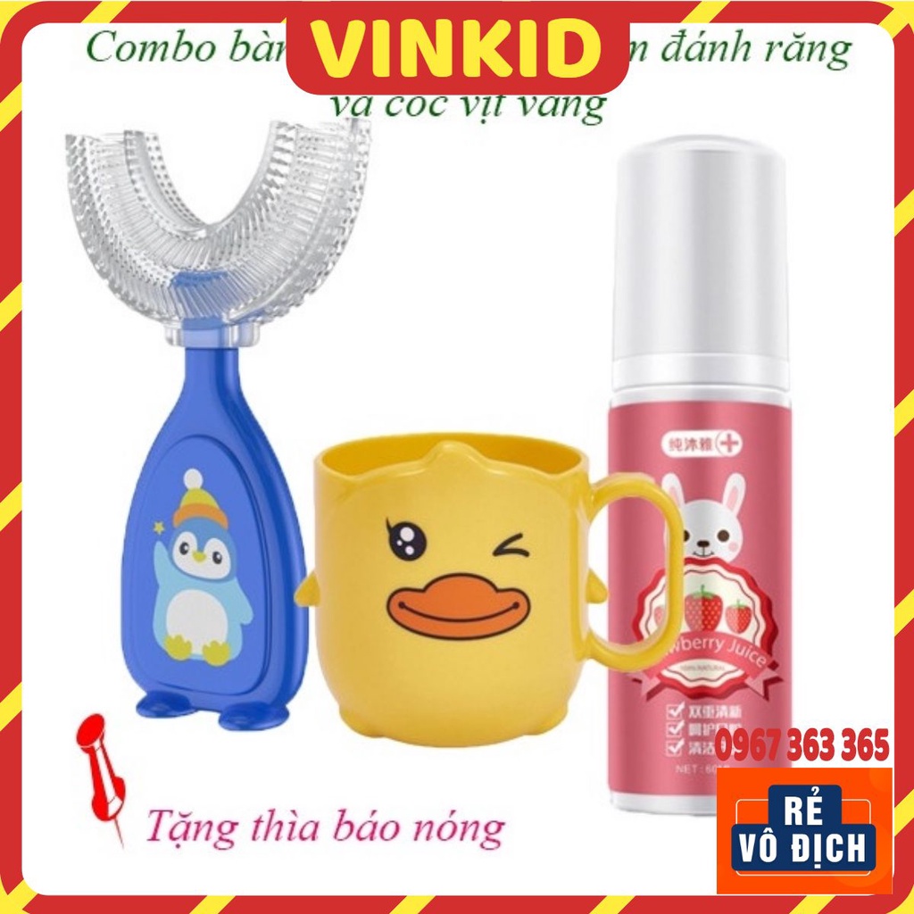 Combo bàn chải đánh răng cho bé chữ U silicon + Cốc vịt + Kem đánh răng cho bé dạng bọt nuốt được