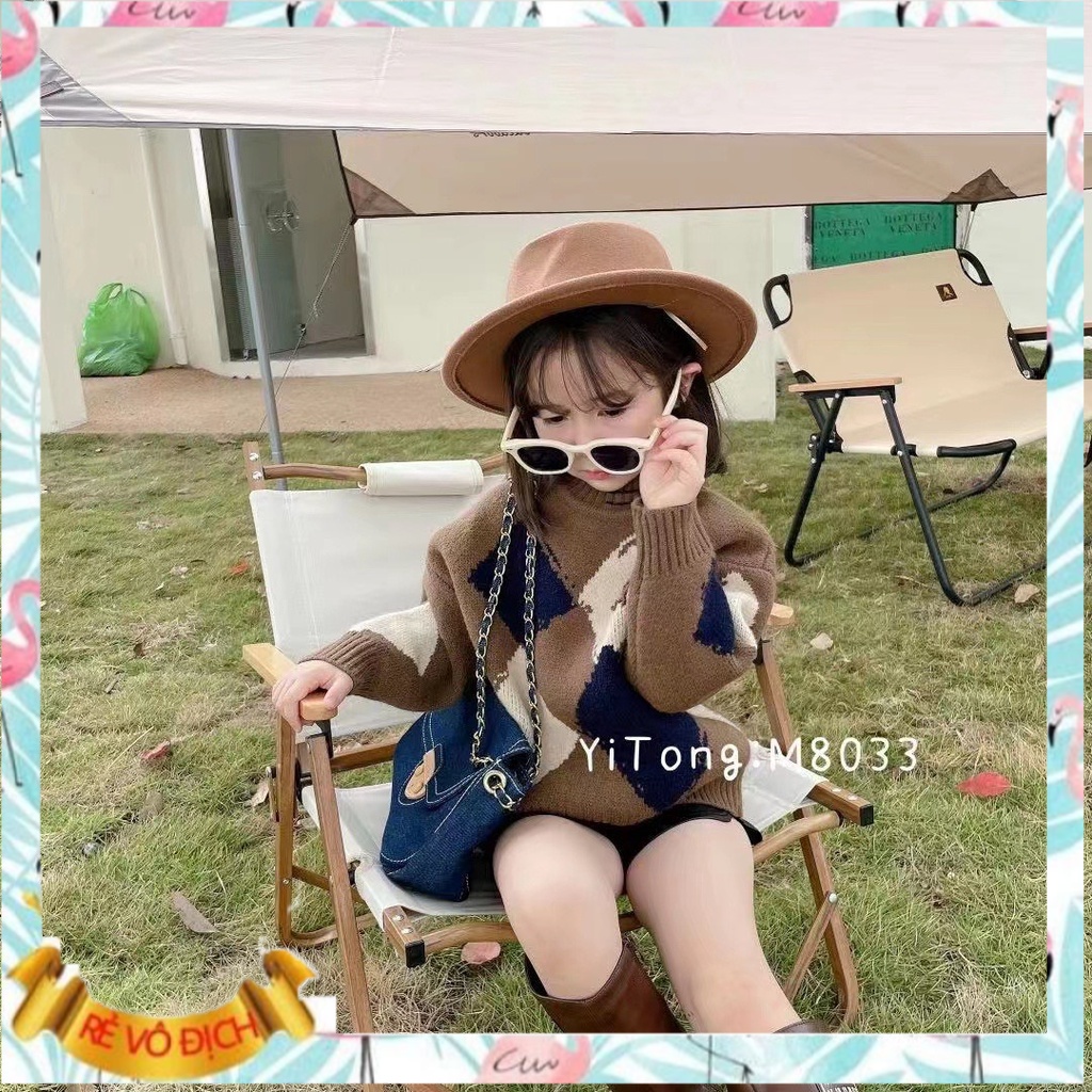 Áo len cho bé 4-10 tuổi hình quả trám phối màu, Áo len kiểu bé gái phong cách Hàn Quốc đanh sợi không bai xù