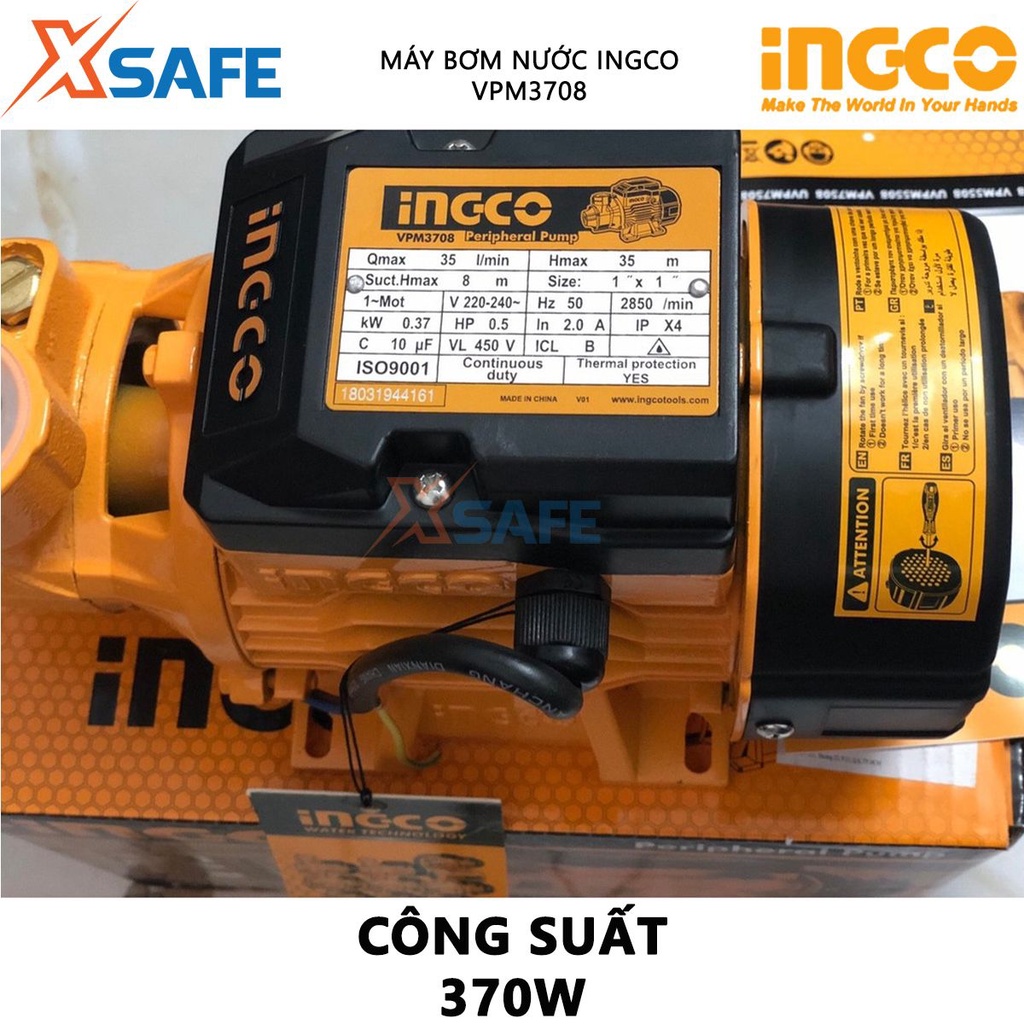 Máy bơm nước INGCO VPM3708 Máy bơm tăng áp 370W(0.5HP), chiều cao bơm tối đa 35m, độ hút sâu 8m, mô tơ dây đồng - XSAFE