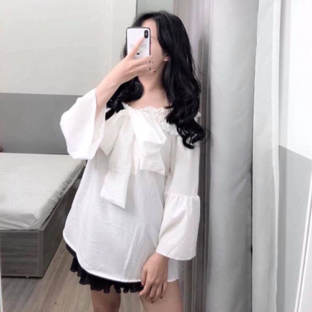 Áo bẹt vai cột nơ trắng tinh khôi