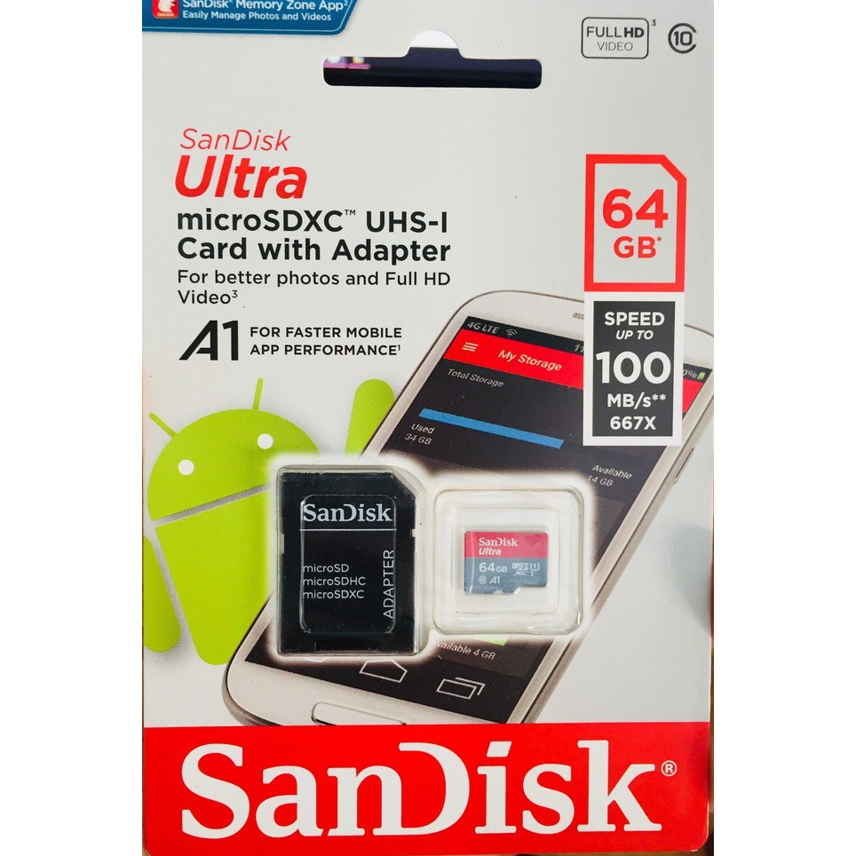 Thẻ nhớ MicroSDXC SanDisk Ultra A1 64GB Class 10 U1 100MB/s - kèm adapter (Đỏ)