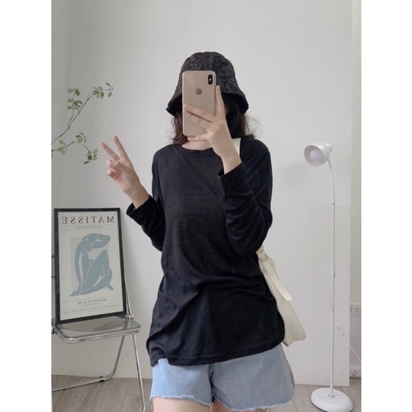 Áo thun nữ dáng suông tay dài, áo thun nữ cổ tròn chất cotton giấy dài tay thời trang