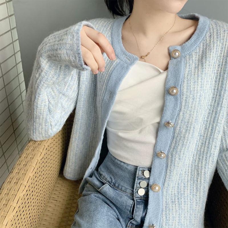 【ZHELIHANGFEI】Áo Cardigan Dệt Kim Tay Dài Cổ Tròn Thời Trang