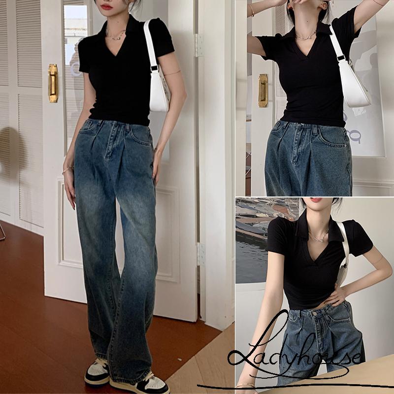 Áo Thun Crop Top Tay Ngắn Cổ Chữ V Màu Sắc Đơn Giản Dành Cho Nữ