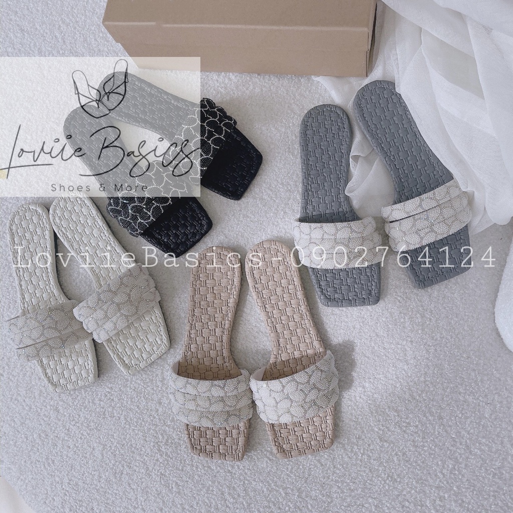 DÉP NỮ LOVIIE BASICS - DÉP BỆT THỜI TRANG QUAI NGANG BẢN TO ĐÍNH ĐÁ ĐẾ THẤP NỮ TÍNH D220702