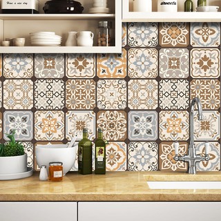 Decal gạch bông cổ điển màu nâu phối vàng xám, Decal dán bếp, Decal dán tường, dán kệ, tủ gỗ DT01