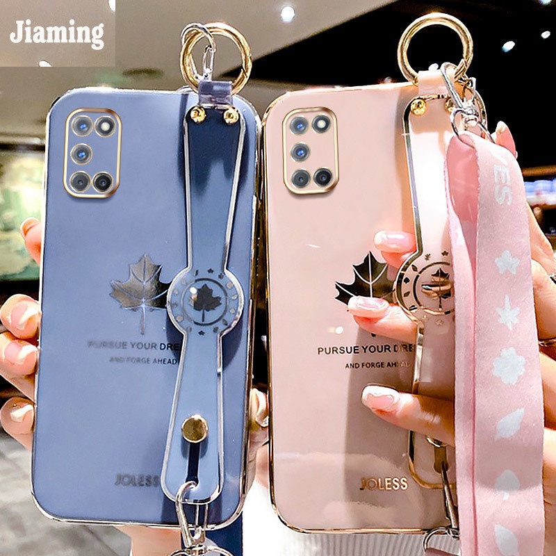 Ốp Điện Thoại Viền Lá Phong Mạ Điện Sang Trọng + Dây Đeo Cho OPPO A92 A52