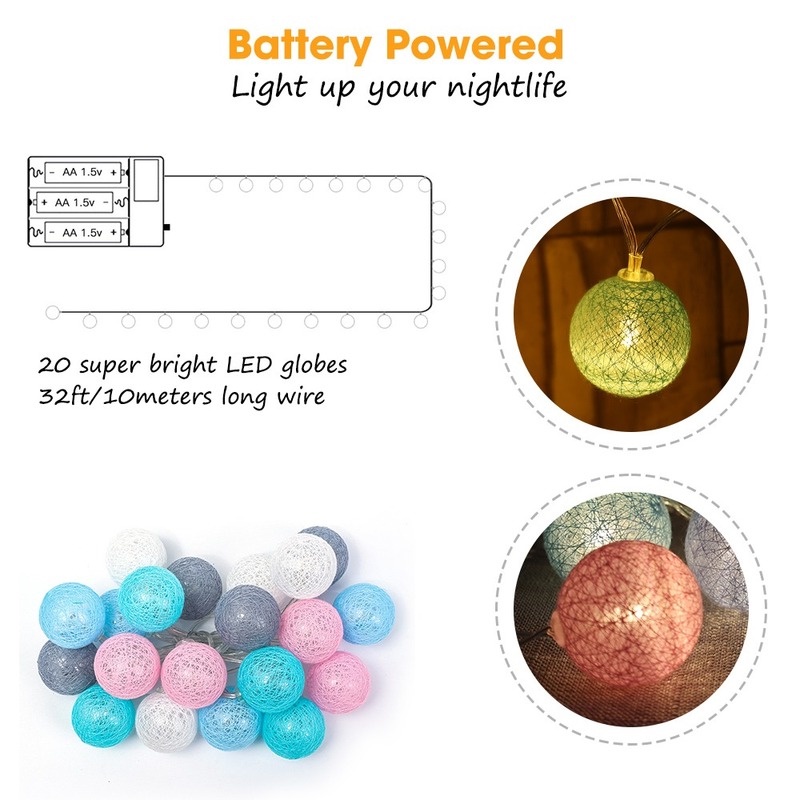 Dây Đèn Led Hình Quả Bóng Cotton Dài 2.2M Trang Trí Lãng Mạn