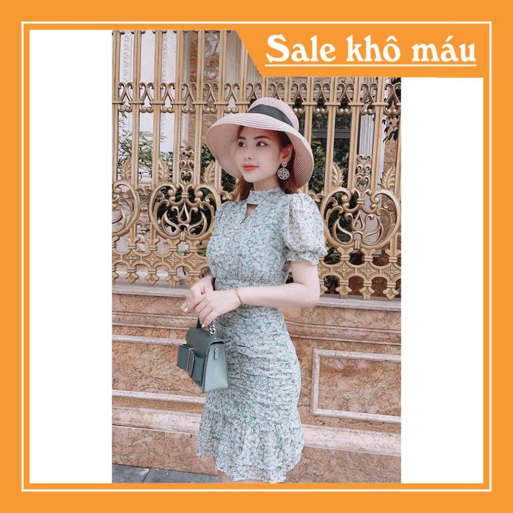 Váy xanh hoa nhí nhún eo V1880 [GIÁ SIÊU RẺ] - Váy xanh hoa nhí nhún eo, Dễ Thương Năng Động ❤️NMC SHOP❤️