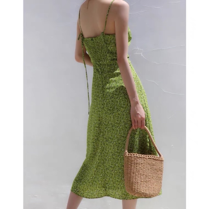 Đầm dây hoa nhí dáng dài xẻ vạt màu xanh cốm