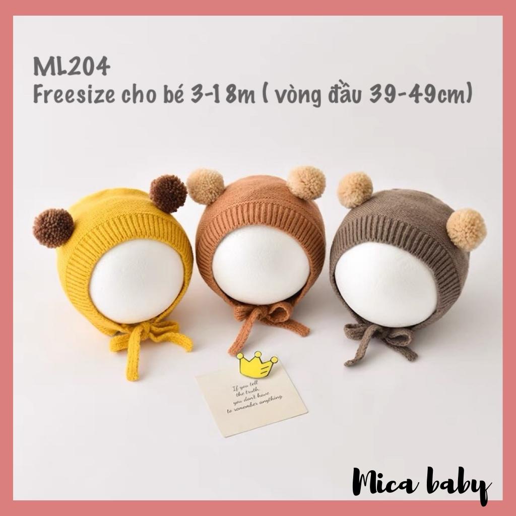 Mũ len màu trơn thiết kế dây buộc đính cục bông thời trang thu đông cho bé ML204 Mica baby