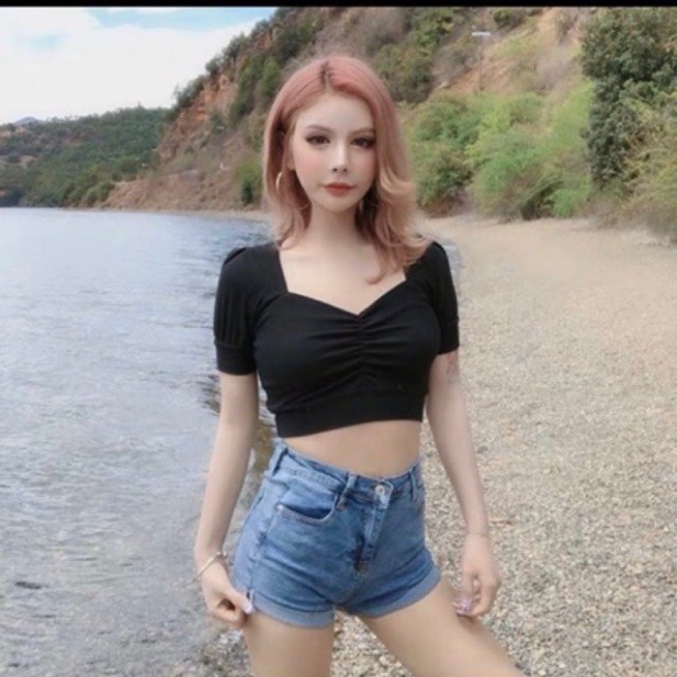 Áo croptop thun borip nhún ngực - Kèm hình và clip thật -4U